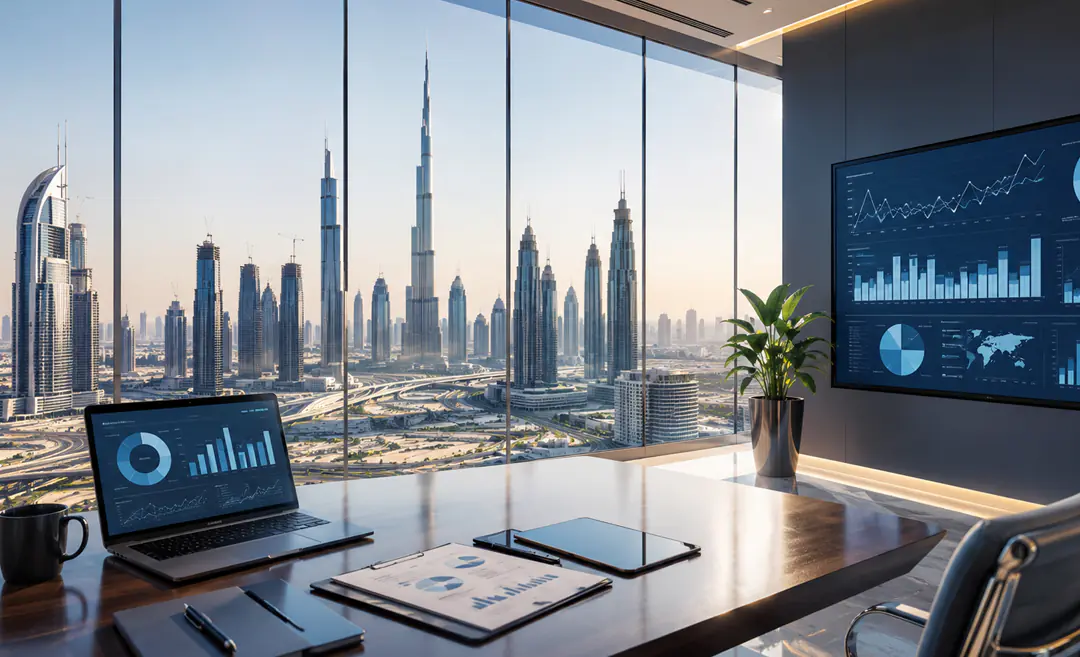 Modern office interior with a conference table overlooking Dubai's skyline through floor-to-ceiling windows.