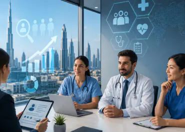 Healthcare professionals discussing hiring trends in a Dubai office.