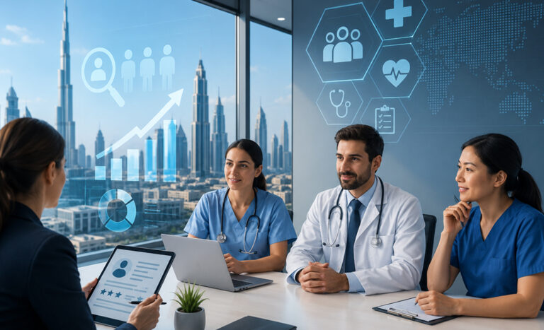 Healthcare professionals discussing hiring trends in a Dubai office.