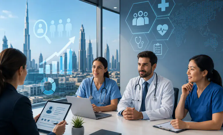 Healthcare professionals discussing hiring trends in a Dubai office.