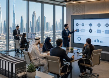 Business team discussing standard operating procedures in a modern Dubai office.