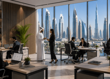 Recruitment and HR professionals collaborating in a modern Dubai office with a city skyline backdrop.