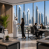 Recruitment and HR professionals collaborating in a modern Dubai office with a city skyline backdrop.