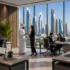 Recruitment and HR professionals collaborating in a modern Dubai office with a city skyline backdrop.