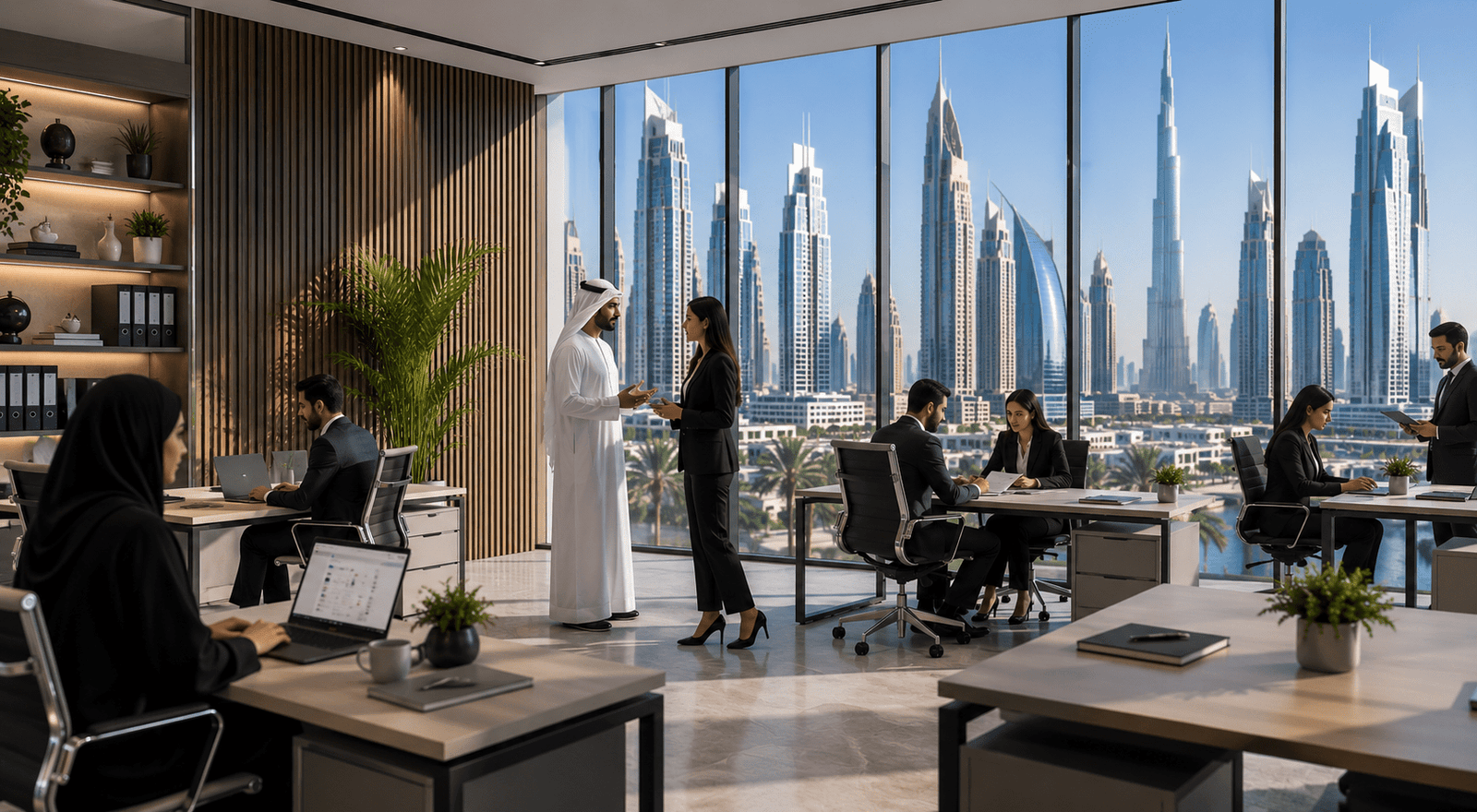 Recruitment and HR professionals collaborating in a modern Dubai office with a city skyline backdrop.