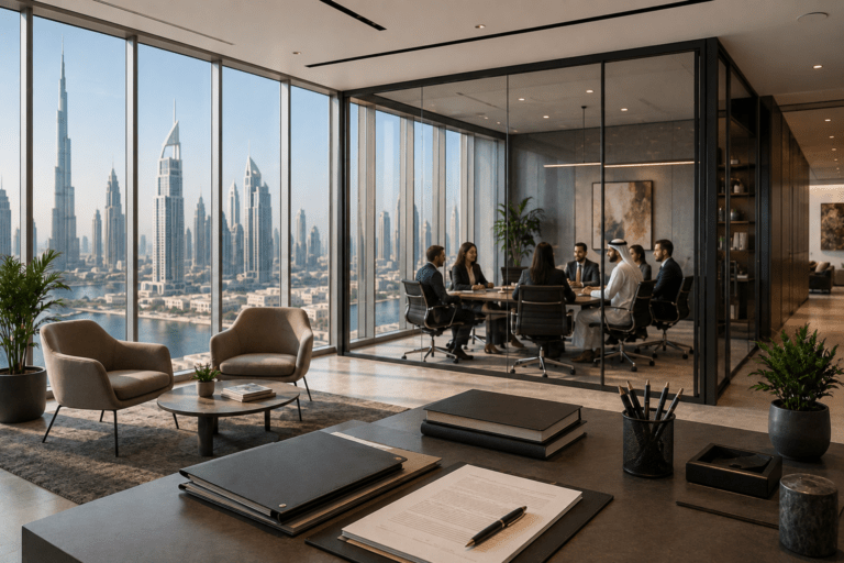 HR team discussing key employment policies and compliance requirements in a modern UAE office.